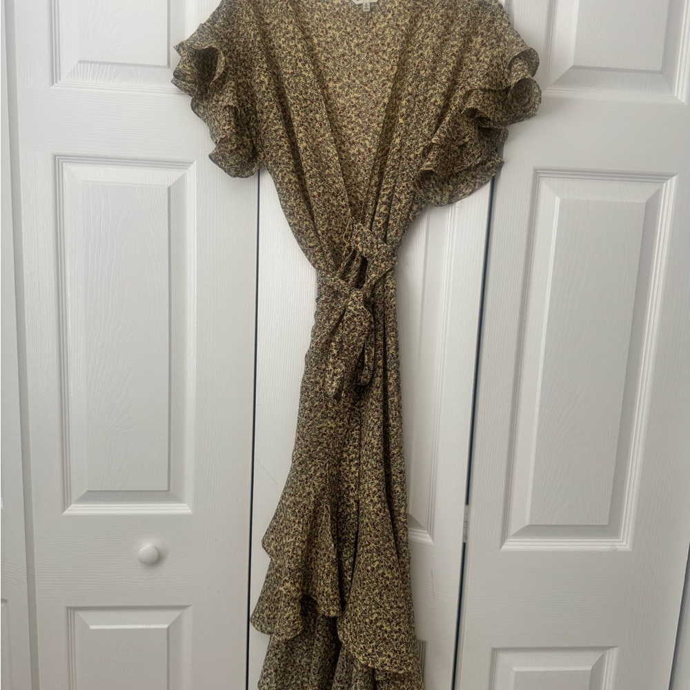 Max Studio Floral Yellow Ruffle Wrap Spring Dress - Picture 3 of 4